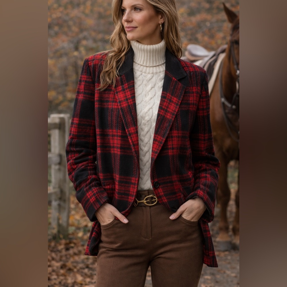 Vintage Peabody House Red Black Plaid Blazer Wool Made Hungary Size 10